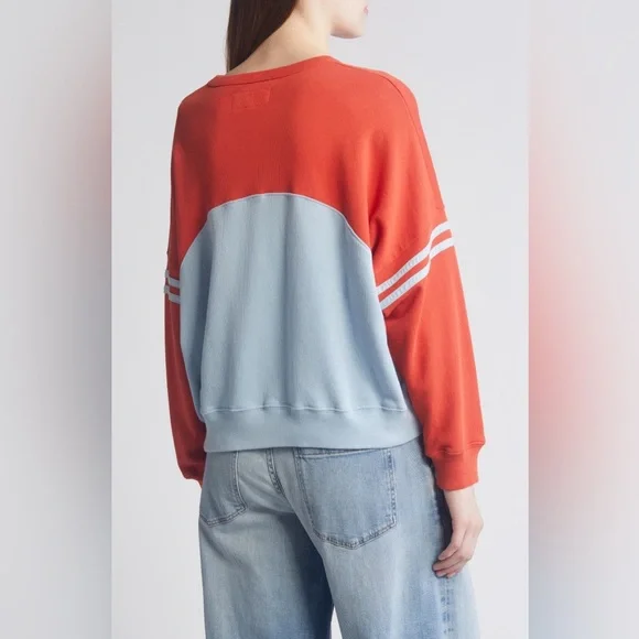 THE GREAT Cross Country Colorblock Cotton Sweatshirt Tomato Red Blue Medium - Picture 2 of 13